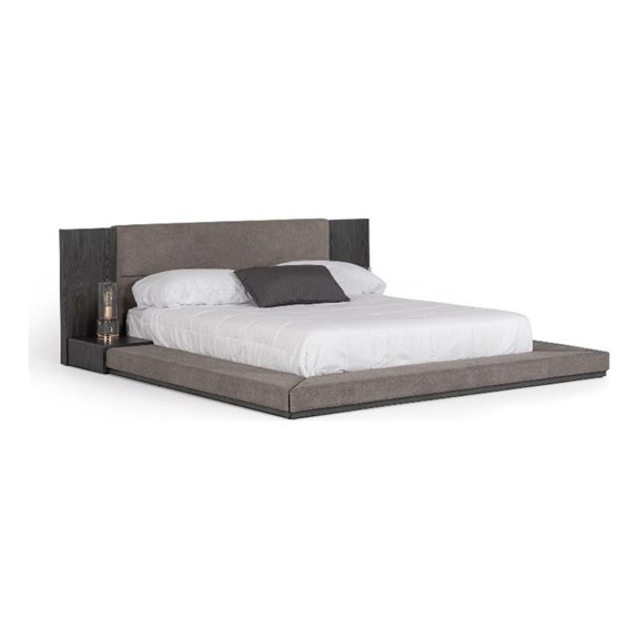 Pemberly Row Queen Bed with Built in Nightstands Low Height Gray Upholstery