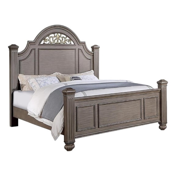 Pemberly Row Queen Bed with Carved Floral Arched Headboard in Gray