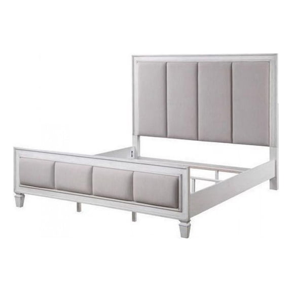 Pemberly Row Queen Bed with Channel Tufted Linen Padding and 3 Slats in White