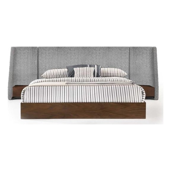 Pemberly Row Queen Bed with Wide Wall Headboard in Gray and Walnut Brown