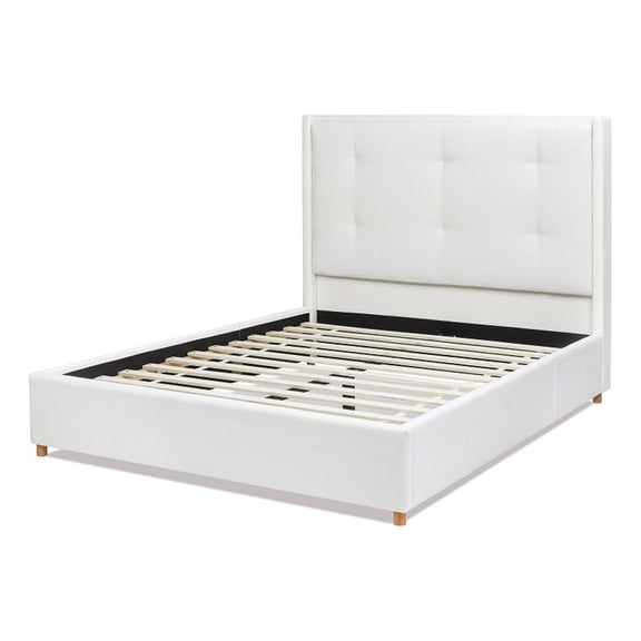 Pemberly Row Queen Cushion-Back Headboard Platform Bed Frame in White Polyester