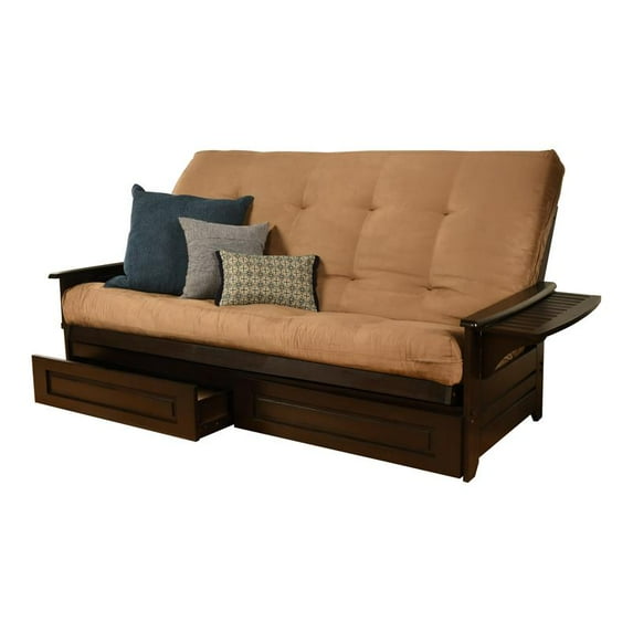Pemberly Row Queen Futon with Suede Fabric Mattress in Espresso and Tan