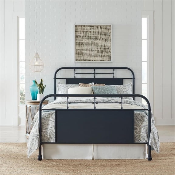 Pemberly Row Queen Metal Bed with Navy Distressed Finish and Turned Spindles