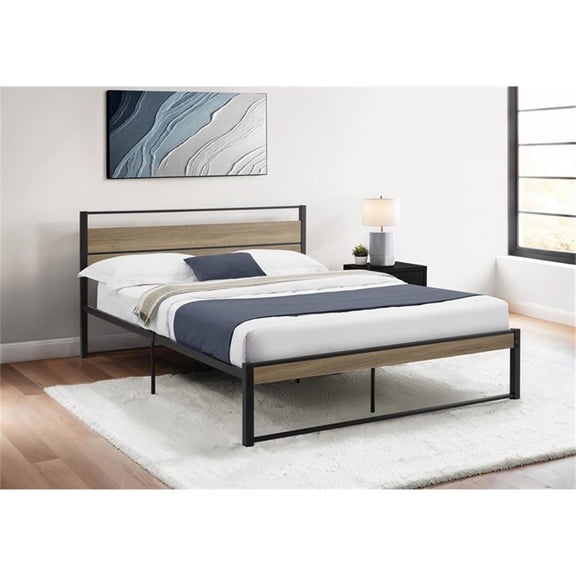 Pemberly Row Queen Metal Platform Bed with Dark Taupe Laminate Paneling