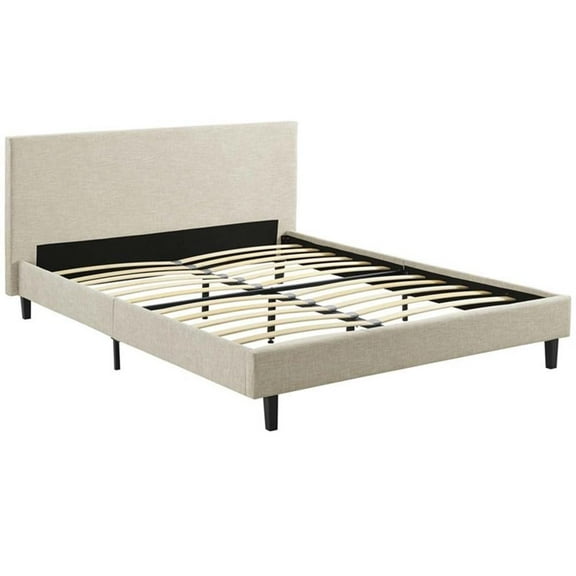 Pemberly Row Queen Modern Polyester Fabric Bed in Beige Finish