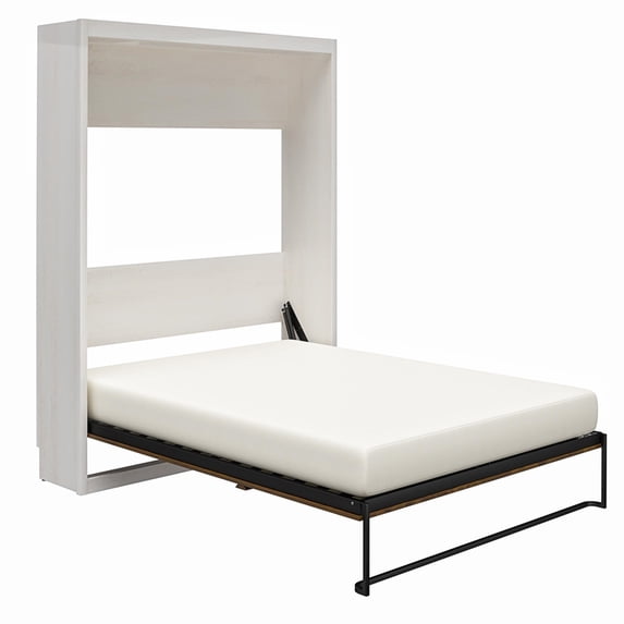 Pemberly Row Queen Murphy Wall Bed with Memory Foam Mattress in Ivory Oak
