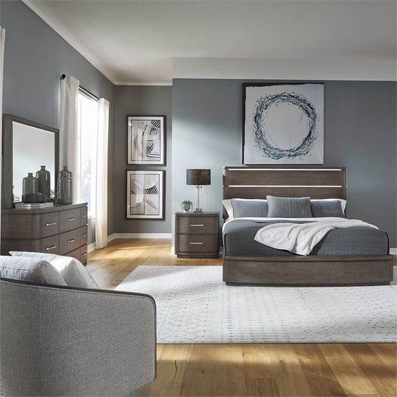 Pemberly Row Queen Panel Bed Set with Beveled Mirror and LED Lighting