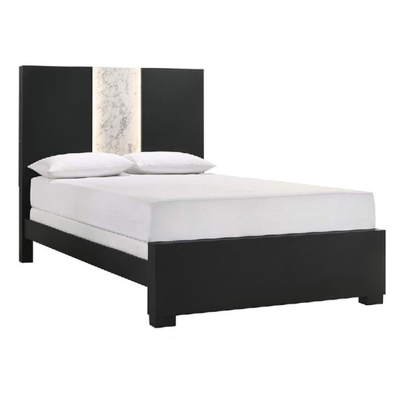 Pemberly Row Queen Panel Bed with Built In Light White Marble Trim in Black