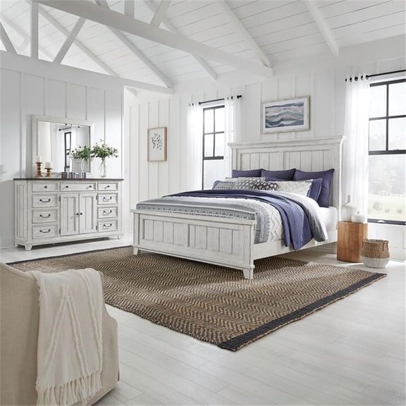 Pemberly Row Queen Panel Bed with Dresser and Mirror Set in White
