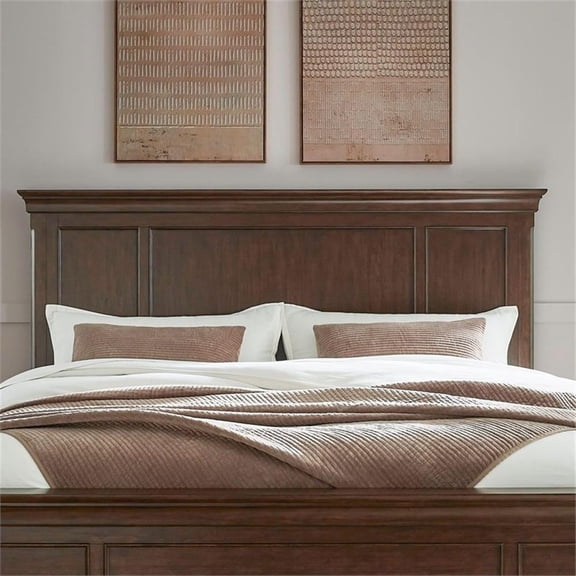 Pemberly Row Queen Panel Headboard with Crown Molding in Rustic Cherry