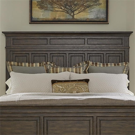 Pemberly Row Queen Panel Headboard with Crown Molding in Saddle Brown Finish