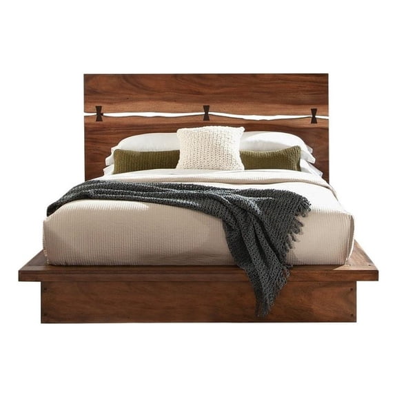 Pemberly Row Queen Platform Bed w/ Live Edge Headboard & Bowtie Inlay in Walnut