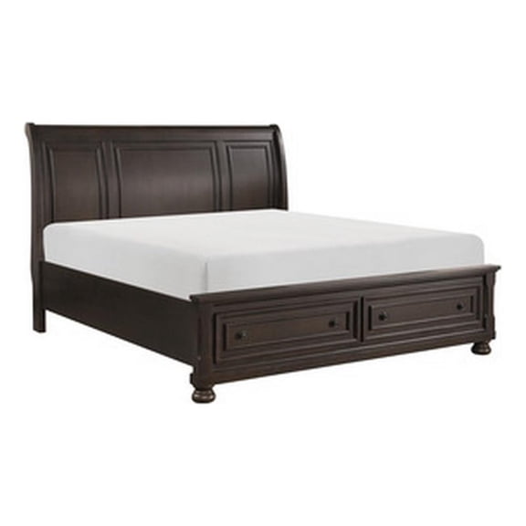 Pemberly Row Queen Platform Bed with 2 Drawer Footboard and Bun Legs in Brown