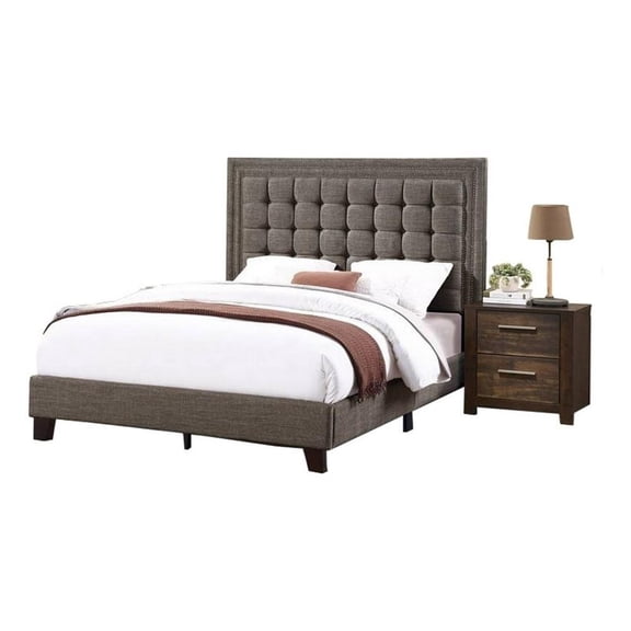 Pemberly Row Queen Platform Bed with Square Tufted Headboard in Taupe Polyester