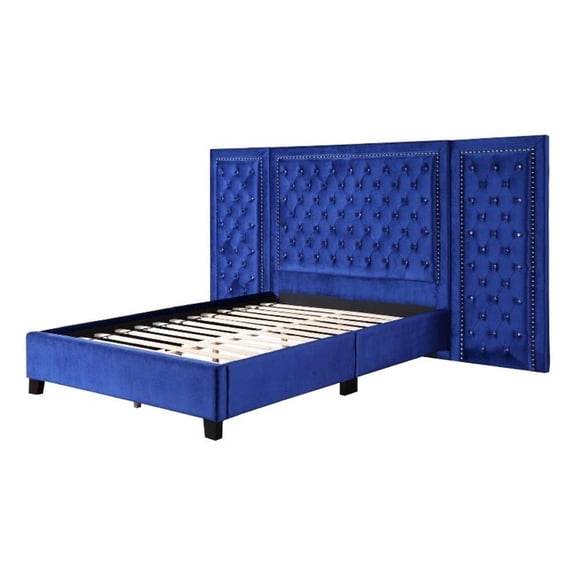 Pemberly Row Queen Platform Bed with XL 3 Panel Crystal Tufted Headboard in Blue