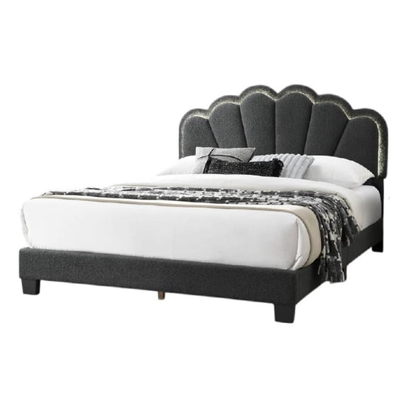 Pemberly Row Queen Size Bed Charcoal Gray Wool Upholstery LED Glam Arch