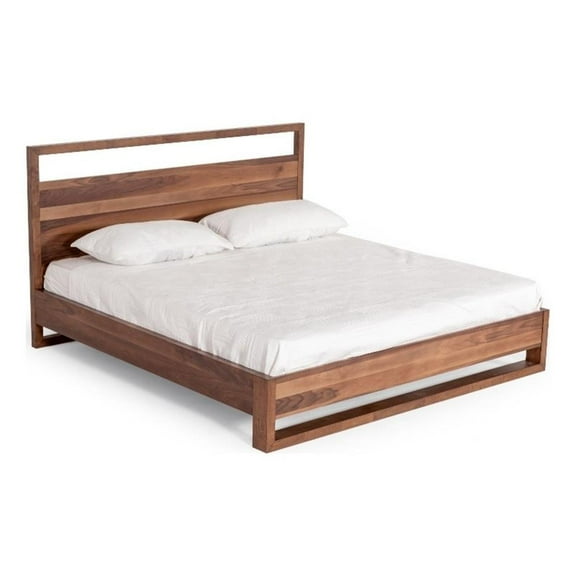 Pemberly Row Queen Size Bed Plank Style Tall Headboard in Walnut Brown