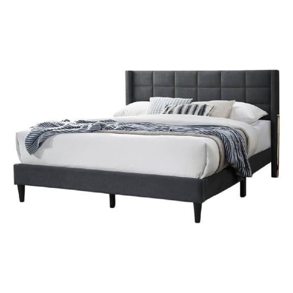 Pemberly Row Queen Size Bed Square Stitched Charcoal Gray Linen Upholstery