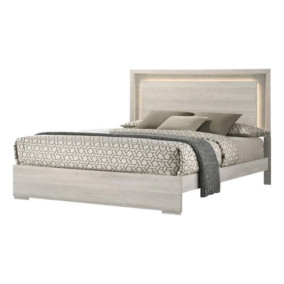 Pemberly Row Queen Size Bed with LED Headboard in White Wash and Gray