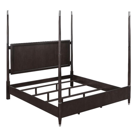 Pemberly Row Queen Size Poster Bed Floating Headboard Low Footboard Brown