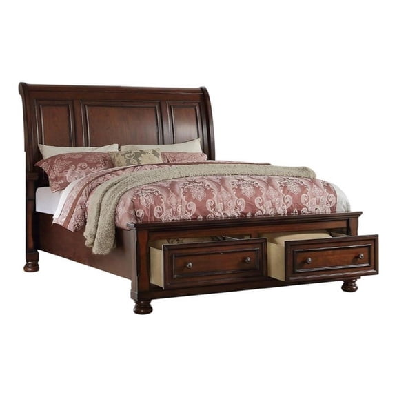 Pemberly Row Queen Sleigh Bed with Storage Drawers & Rolled Headboard in Cherry