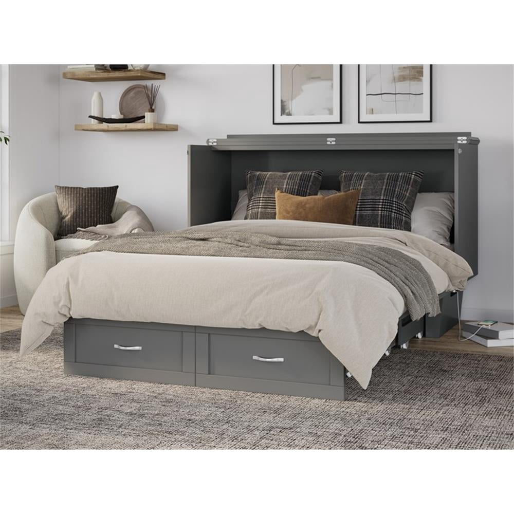Pemberly Row Queen Solid Wood Murphy Bed Chest with Mattress in Gray