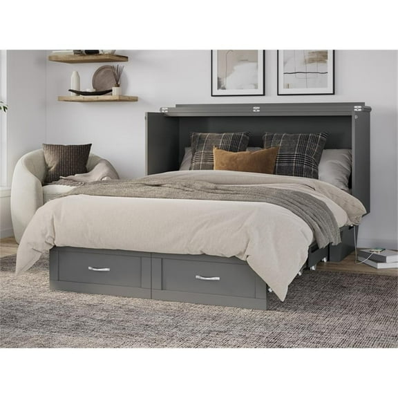 Pemberly Row Queen Solid Wood Murphy Bed Chest with Mattress in Gray