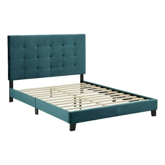 Pemberly Row Queen Tufted Button Performance Velvet Platform Bed in Sea Blue