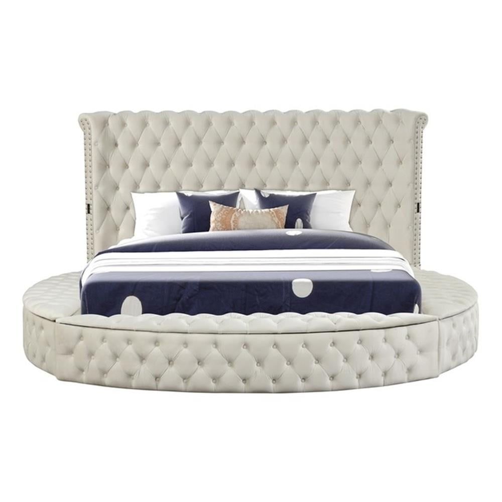Cream Velvet Upholstered Queen Bed with Tufted Headboard and Storage
