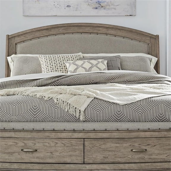 Pemberly Row Queen Upholstered Headboard with Oatmeal Linen in Burnished Beige