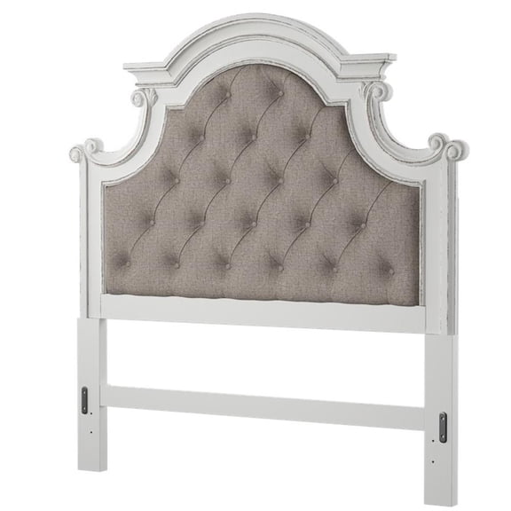 Pemberly Row Queen Upholstered Panel Headboard in Antique White/Bark