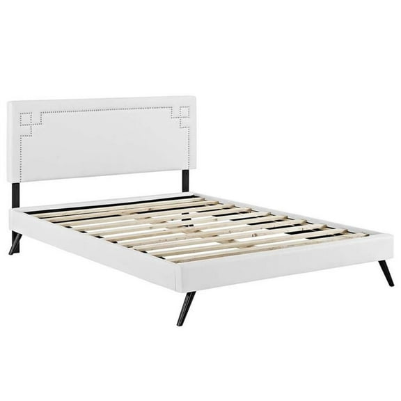 Pemberly Row Queen Vinyl Platform Bed with Round Splayed Legs in White