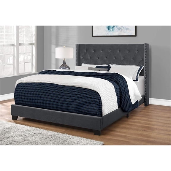Pemberly Row Queen Wingback Bed with Chrome Nailhead in Dark Gray Velvet