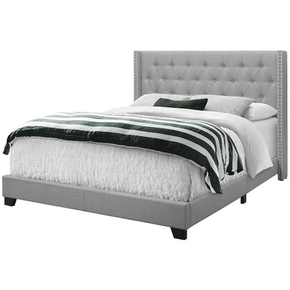 Pemberly Row Queen Wingback Bed with Chrome Nailhead in Grey Linen Look