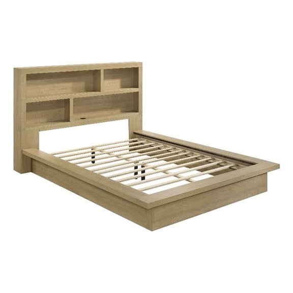 Pemberly Row Queen Wood Bookcase Platform Bed with Cubbies in Light Oak