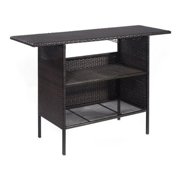 Pemberly Row Rattan Outdoor Patio Bar Counter Table Shelves in Brown