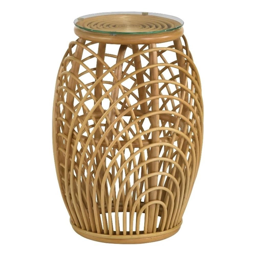 Natural Rattan Drum Round End Table with Clear Glass Top