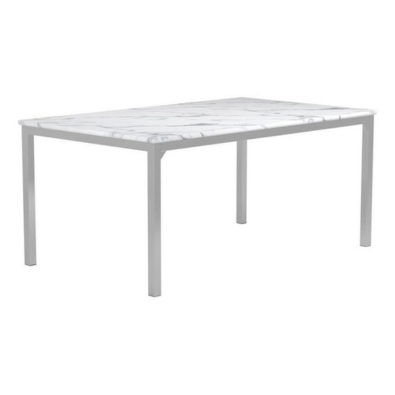 Pemberly Row Rectangle Metal Dining Table with Marble Top in Chrome