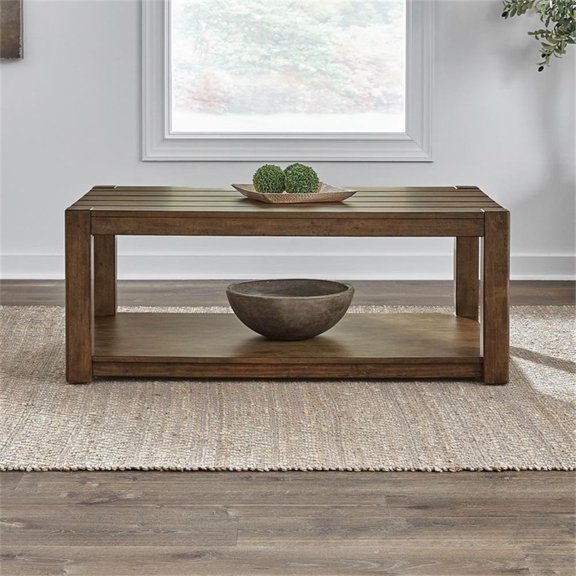 Pemberly Row Rectangular Cocktail Table with Casters in Cobblestone Brown