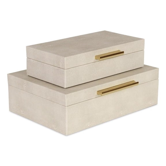 Pemberly Row Rectangular Decorative Box Set of 2 in Cream Faux Shagreen
