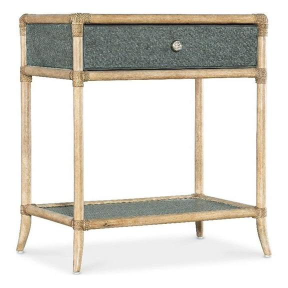 Pemberly Row Retreat Wood Pole Rattan Bedside Table in Beige