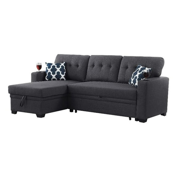 Pemberly Row Reversible Fabric Sleeper Sofa Bed & Chaise w/ Cup Holder-Dark Gray