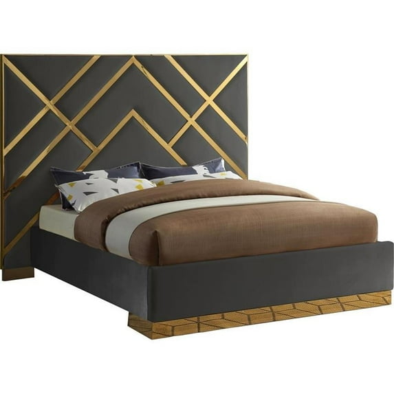 Pemberly Row Rich Velvet King Bed in Gray with Gold Metal Design and Base