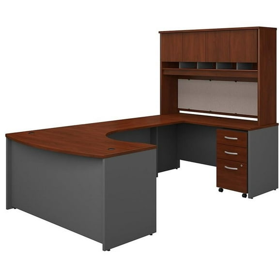 Pemberly Row Right Hand Bow U-Shaped Desk with Hutch and Storage - Hansen Cherry