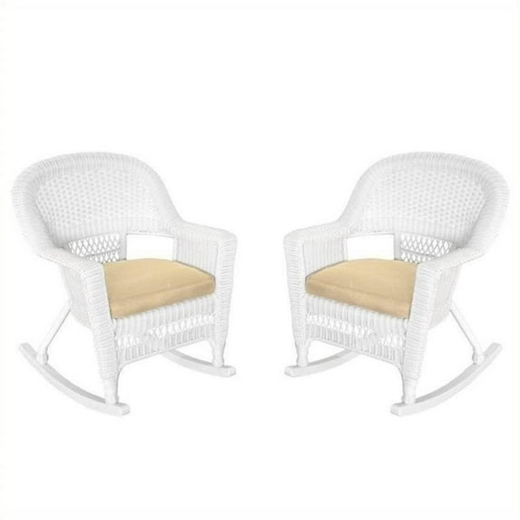 Pemberly Row Rocker Wicker Chair in White with Tan Cushion (Set of 2)