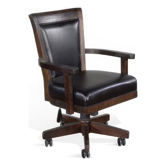 Pemberly Row Rolling Swivel Game Chair in Black Faux Leather Dark Brown Wood