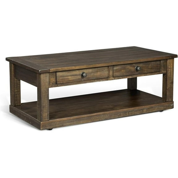 Pemberly Row Rough Sawn Mahogany Wood Coffee Table in Tobacco Leaf