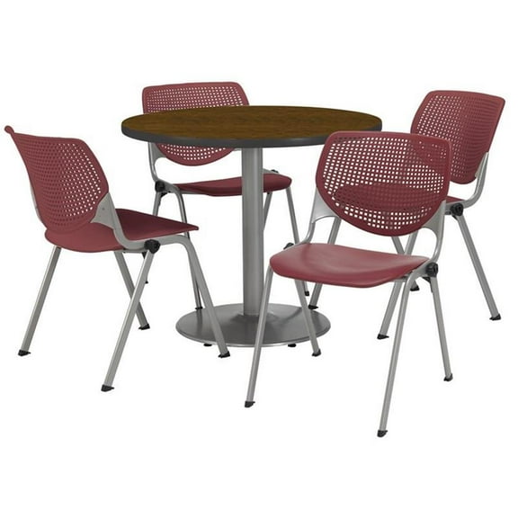 Pemberly Row Round 36" Dia. Pedestal Table - 4 Burgundy Chairs - Walnut Top
