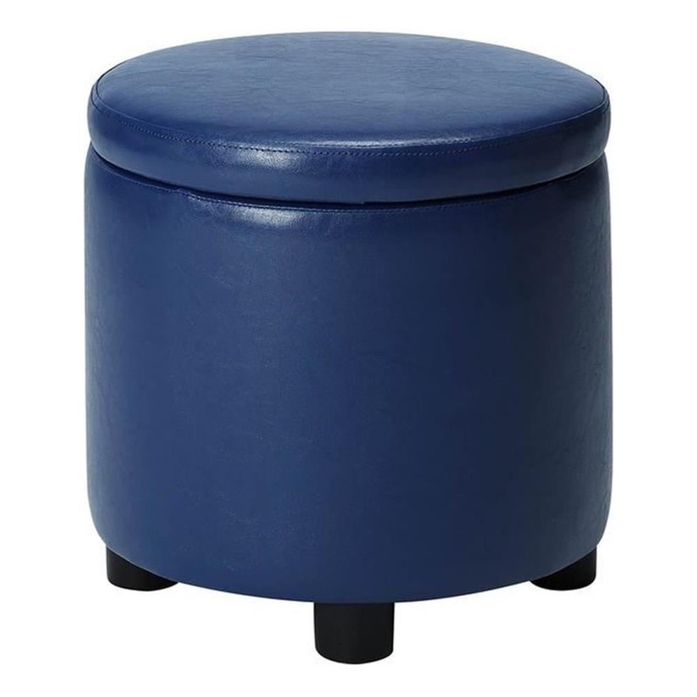 Pemberly Row Round Accent Storage Ottoman in Blue Faux Leather Fabric