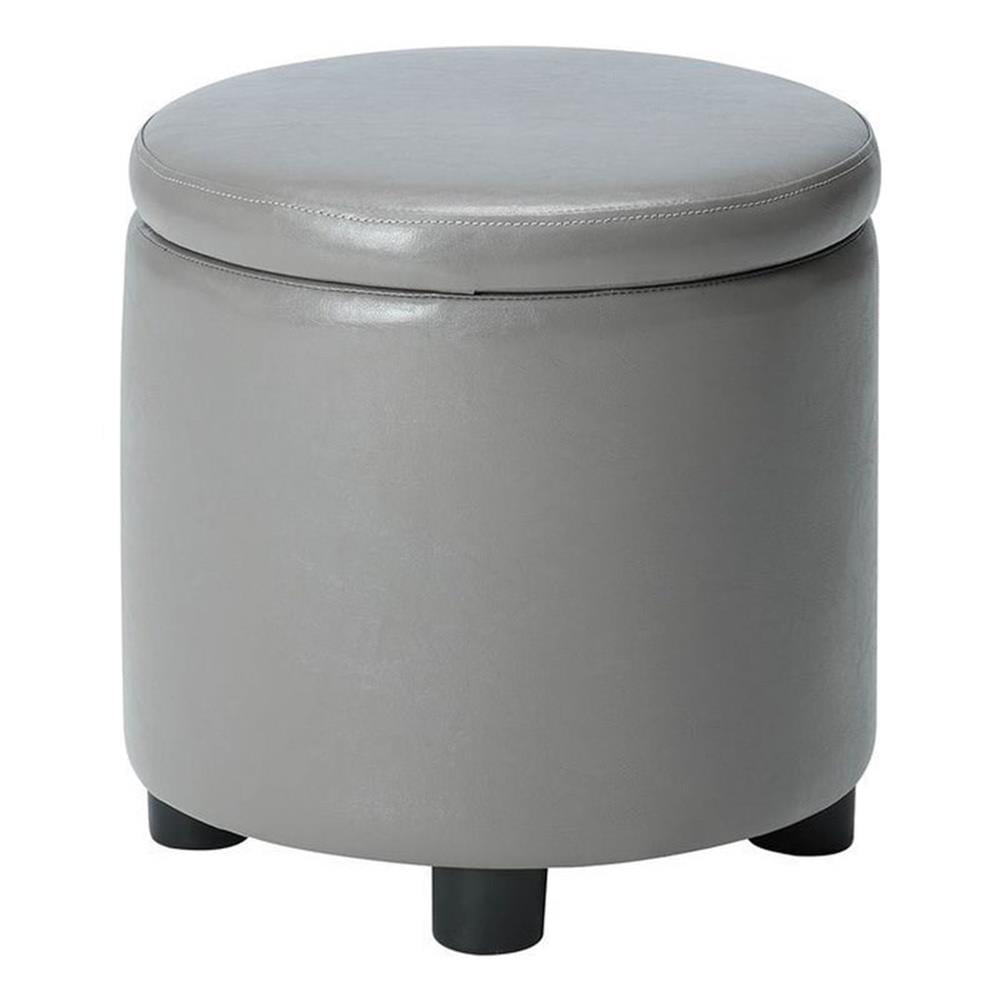 Pemberly Row Round Accent Storage Ottoman in Gray Faux Leather Fabric